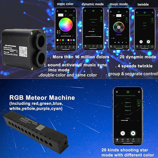 AZIMOM Dual Color 20w Twinkle Fiber Optic Starlight Headliner Kits Mixed 860pcs13.1ft, RGB Meteor Shooting Star, Sound Activated Remote APP Control Home Car Ceiling Décor