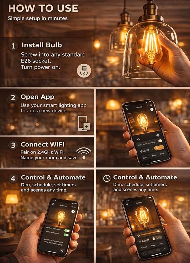 Smart Light Bulb Smart Bulbs LED WiFi Dimmable Vintage Smart Bulb ST19 Vintage Filament Smart Bulb E26 Base Soft Warm Amber No Hub Required