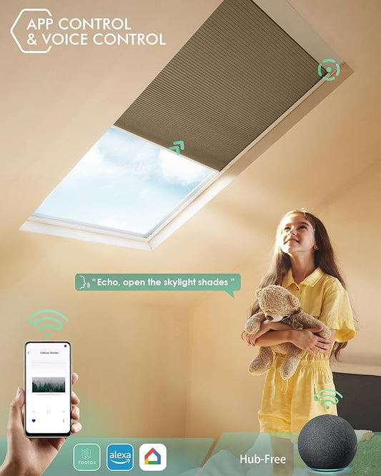 Yoolax Motorized Cellular Shades, Smart Skylight Shades Compatible with Alexa Google, Automatic Cordless Honeycomb Blinds with Remote for Roof Inclined Plane Room (Blackout Coffee)