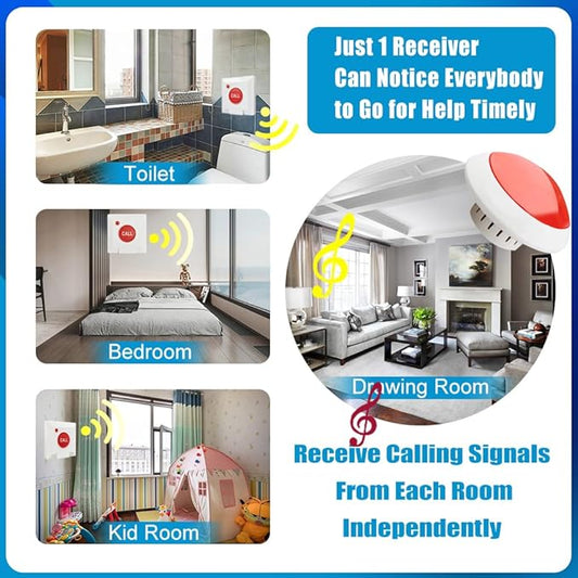 Wireless Caregiver Pager with Strobe Light & Loud Alert, 2 Waterproof Emergency Call Buttons for Seniors, Disabled & Hearing Impaired, Nurse Alert System for Home, Nursing Home, Hospital