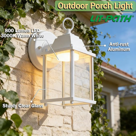 LIT-PaTH Outdoor LED Wall Lantern, Exterior Wall Sconce Porch Light Fixtures, 3000K 9.5W 800 Lumen, Aluminum Housing Plus Glass, Matte White Finish, 1-Pack