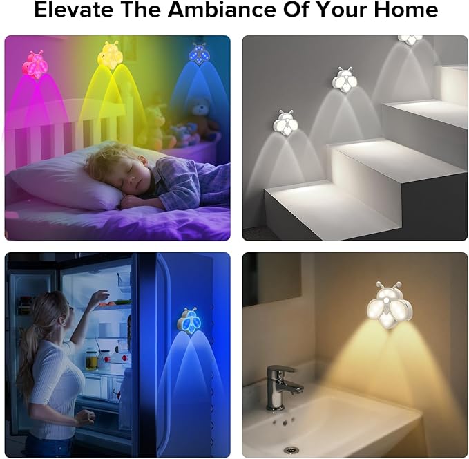 Motion Sensor Stair Lights Indoor - Rechargeable Dimmable RGBW & Warm White Night Light, Magnetic Mount Motion Activated Battery Lamp for Step Hallway Bathroom Cabinet Closet(White, 4 Pack)