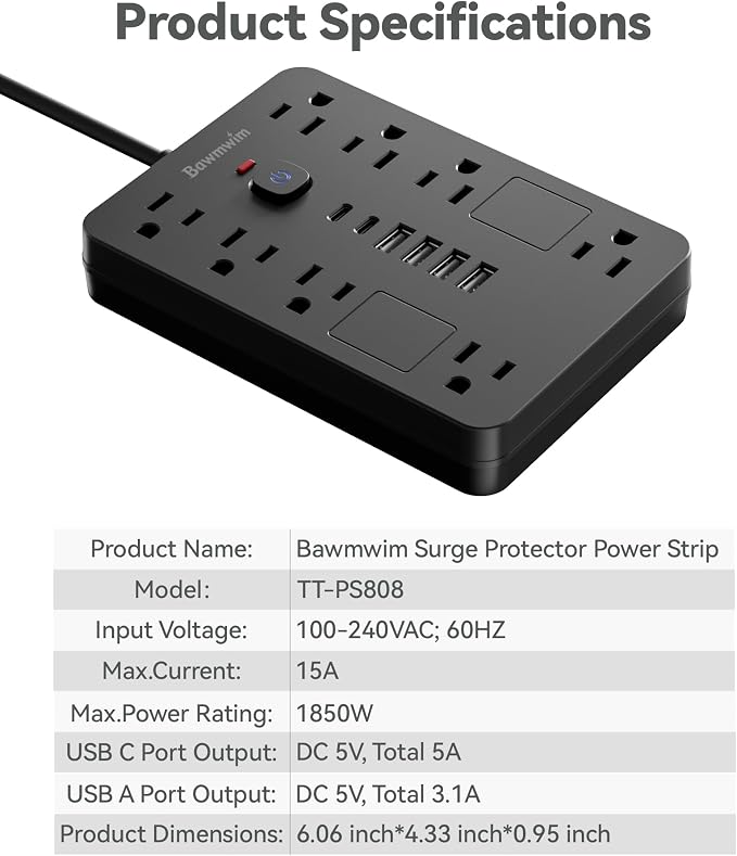 Surge Protector Power Strip - 8 Outlets(1850W/15A/14AWG) with 6 USB Ports(2 USB C, 6FT Flat Plug Extension Cord, Wall Mount Multi Plug Outlet Extender, ETL Listed for Home, Dorm Room, Black