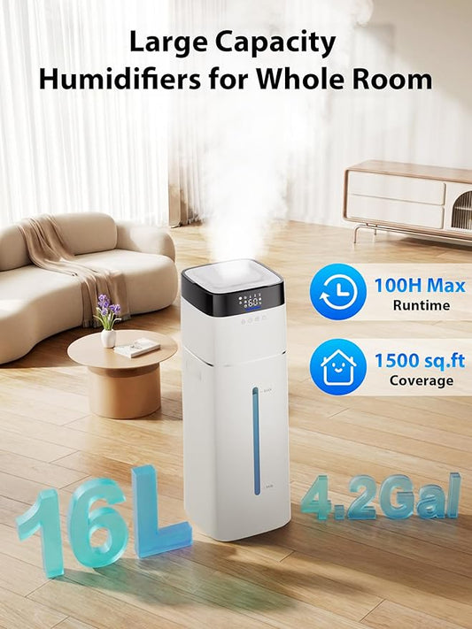 Uthfy 16L/4.2Gal Humidifiers Large Room 1500ft², 100H Runtime Air Humidifiers for Bedroom with 4 Modes, Humidity Setting, Child Lock, 12H Timer, Remote, Top Fill Design