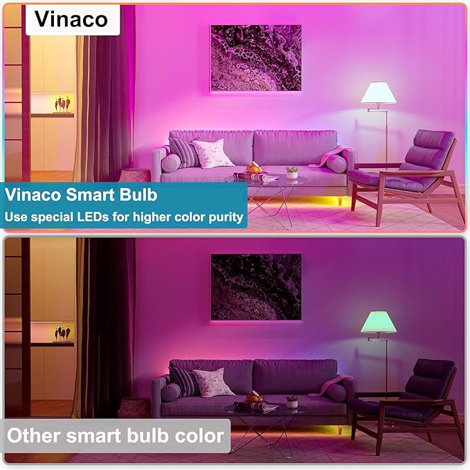 Vinaco A19 Smart LED Bulb 9W 800LM, 60W Equivalent, RGB Color Changing Light Bulb Work with Alexa & Google Assistant, WiFi Bluetooth Light Bulbs E26 Base, Smart A19 Dimmable Light, No Hub Needed