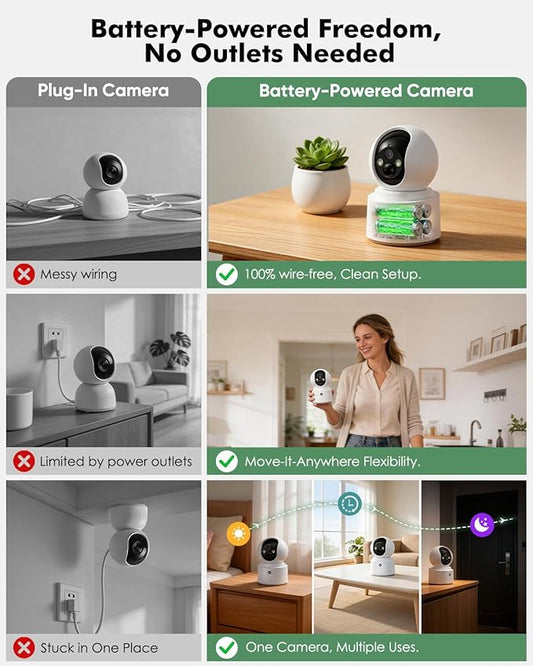 Battery Powered Indoor Camera Wireless for Home Monitoring, Rechargeable Pet Camera with 2-Way Audio, 360° PTZ, 2.5K Color Night Vision, Dual-Band WiFi, TF/Cloud Storage, Dog & Cat Cam with phone app