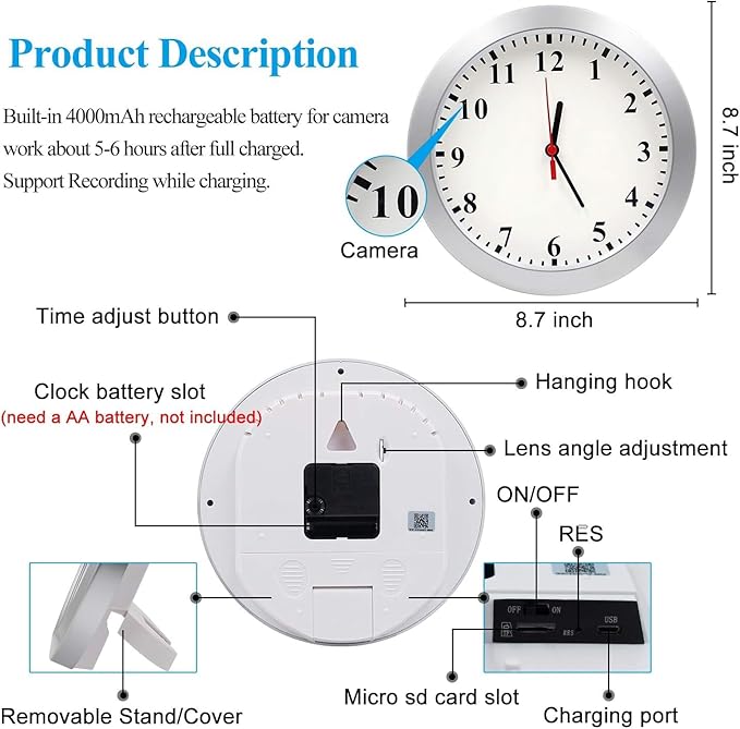WiFi Security Camera Clock,1080P Wireless Security Cameras Wall Clock Nanny Cam with Motion Detection Alarm/Remote View, Indoor Covert Security Secret Camera Surveillance