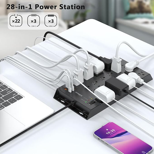 22 Outlets & 6 USB Big Power Strip, Jcblaon Surge Protector with 3USB C & 3USB A Charging Ports, 6.5ft Flat Plug Heavy Duty Extension Cord(1875W/15A),2100J, 14AWG,Wall Mountable for Garden,Shed, Black