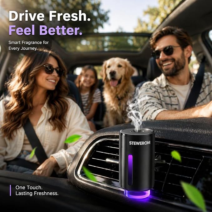 Car Air Freshener - Smart Adjustable 3-Speed Intensity, Rechargeable Humidifier Car Essential Oil Diffuser - Comes with 8 Bottles of 10ml Perfume (Black)