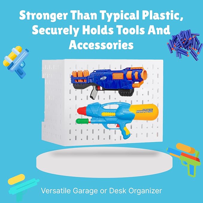 Peg Board for Nerf Gun Storage Organizer - 14.2 x 8.5 x 11 In - White | ABS Plastic Hanging Holder Compatible with All Blasters Nerf Gun Rack Organizer for Wall Organization with 10 Triangle Hooks