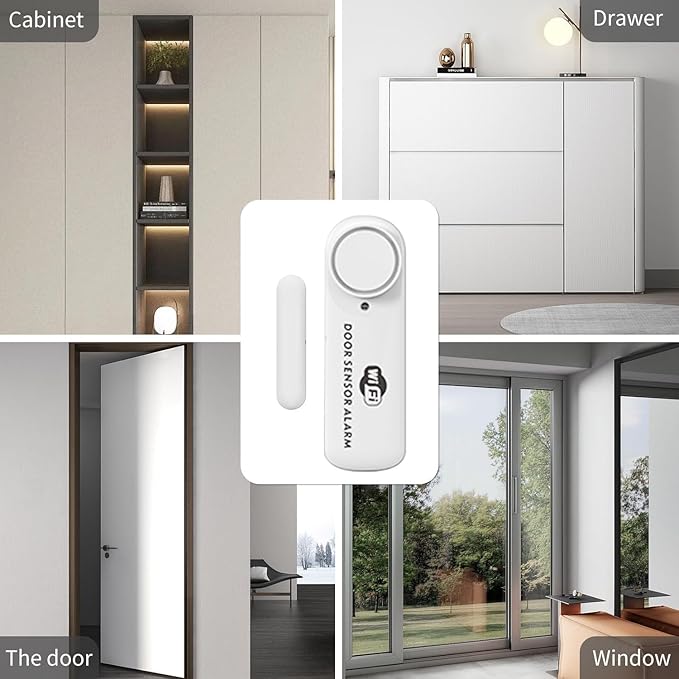 Smart WiFi Door & Window Alarm Sensor Chime (4-Pack) - 100dB Burglar Alert for Kids Safety & Home Security, Alexa/Google/Tuya Compatible, Wireless for House, Apartment, Garage (4PCS)