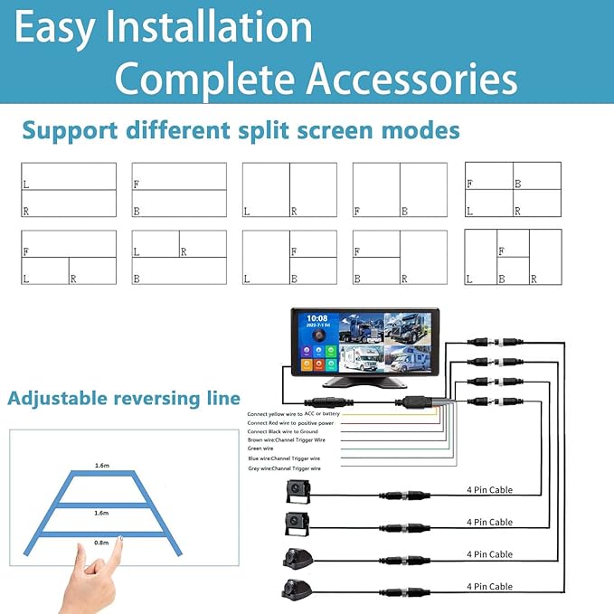 AI Alarm Sensor Side Lights 10.36-Inch 6 Split 128GB Large 1080P Backup Camera Monitor & Built-in DVR Video Recorder for RV Truck Trailer Rear Front Reversing View Wired System Waterproof DCD106