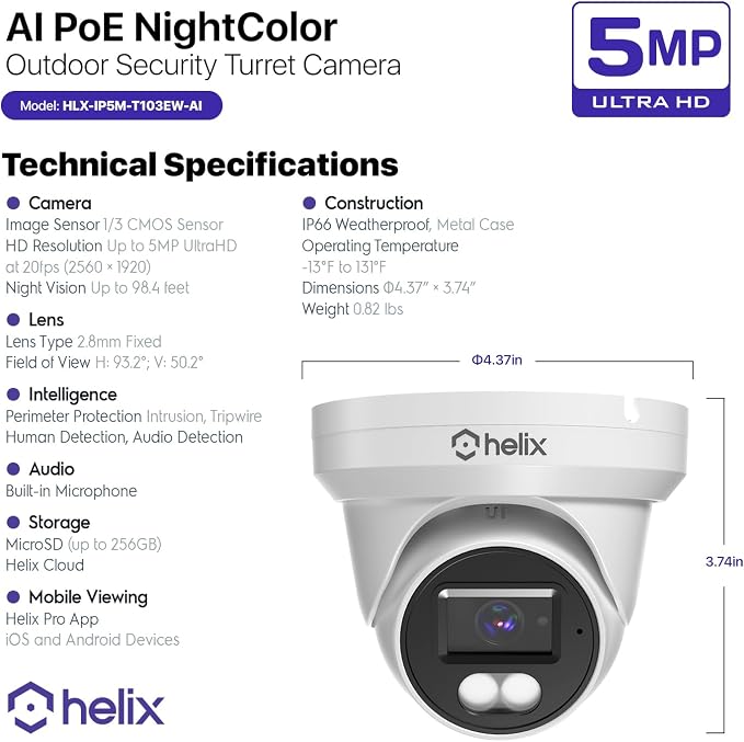 Helix 5MP Security AI IP PoE Camera, 98ft Night Color, Human Detection, NDAA Compliant, Indoor Outdoor Surveillance Turret, Built in Mic, Support 256GB MicroSD, Deterrent, HLX-IP5M-T103EW-AI