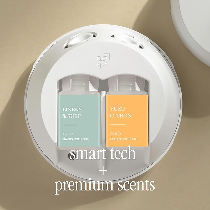 Pura Smart Home Fragrance Device Starter Set - Pura 4 - Scent Diffuser for Home - Includes Fragrance Aroma Diffuser - Square Box, Linens & Surf and Yuzu Citron Scent Refills