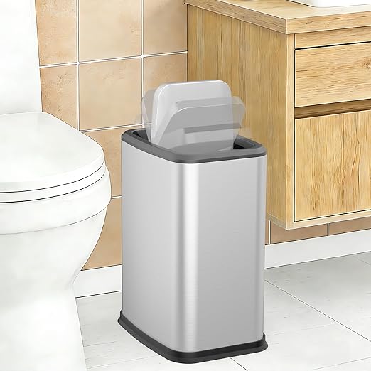 2.1 Gal Slim Bathroom Trash Can with Swing Lid, Rustproof Stainless Steel Small Garbage Can for Narrow Spaces & Toilet Side, Dog Proof Odor Control Waste Basket for Bedroom/Office, Silver