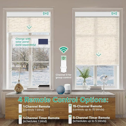 Motorized Roller Shades, Light Filtering Remote Control Custom Window Shades Compatible with Alexa Google Assistant via RF Hub, Rechargeable Electric Blinds for Windows (Texture Beige)