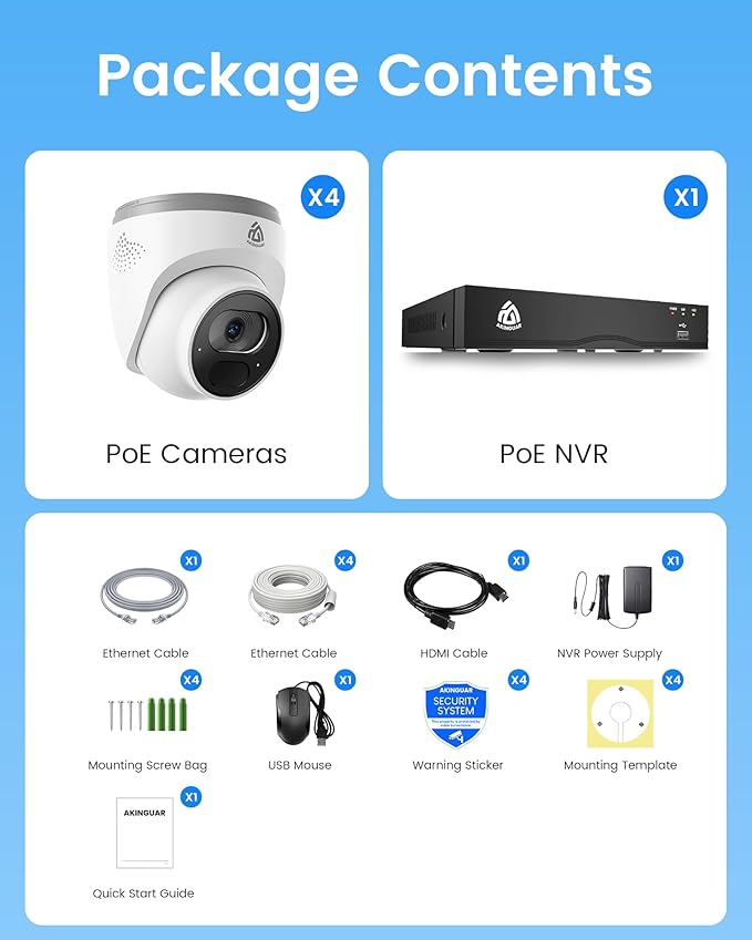 Smart 4K Home Security Camera System, 4pcs Wired PoE IP Cameras with Person/Vehicle Detection, 8CH 4K NVR with 2TB HDD, 2-Way Audio, 100ft Night Vision, 24/7 Recording
