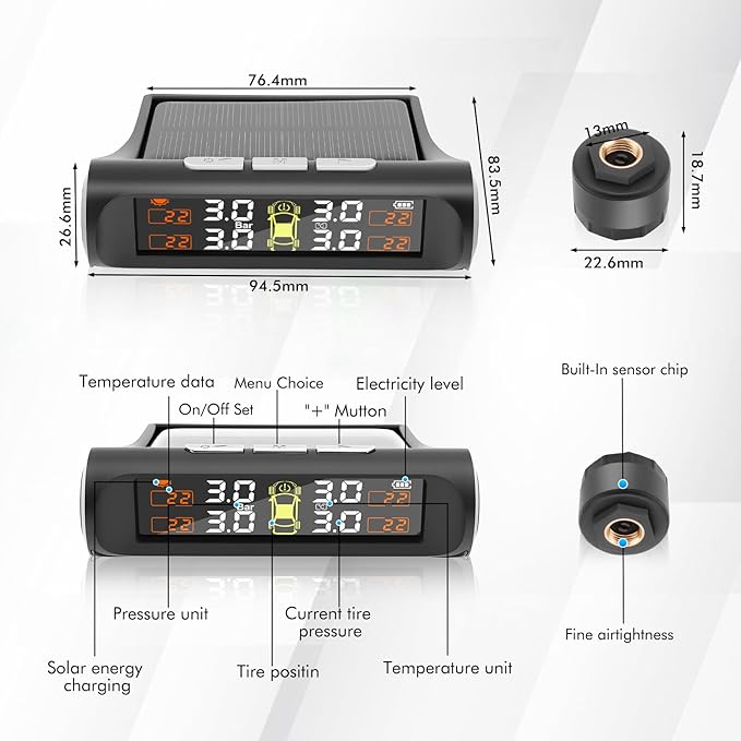 Tire Pressure Monitoring System with Solar Charge,TPMS Tire Pressure Monitor System with 4 External sensors & 5 Alarm Modes, Real Time Monitoring Pressure & Temperature,Suitable for 4 Wheeled Vehicles