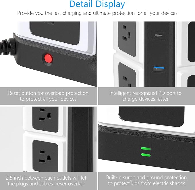 PD 20W USB C Power Strip with Wireless Charger BESTEK 8-Outlet Surge Protector and 30W 3-Port USB Charging Dock Station,4000 Joules,ETL Listed,Dorm Room Accessories (8AC+3USB+Wireless Charger-Black)