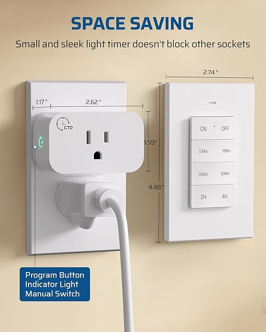 DEWENWILS Indoor Outlet Timer with Remote, 100FT Remote Control Outlet with 5/15/30/60Min & 2/4Hrs Countdown, 15A/1875W Light Timer for Lamps, Fans, Household Appliance