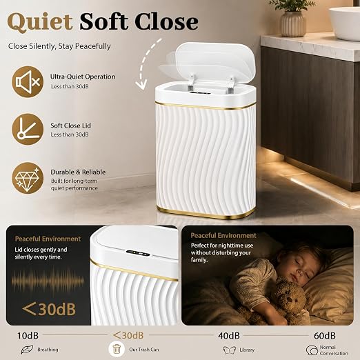 5 Gallon Automatic Bathroom Trash Can with Touchless Lid, White Gold