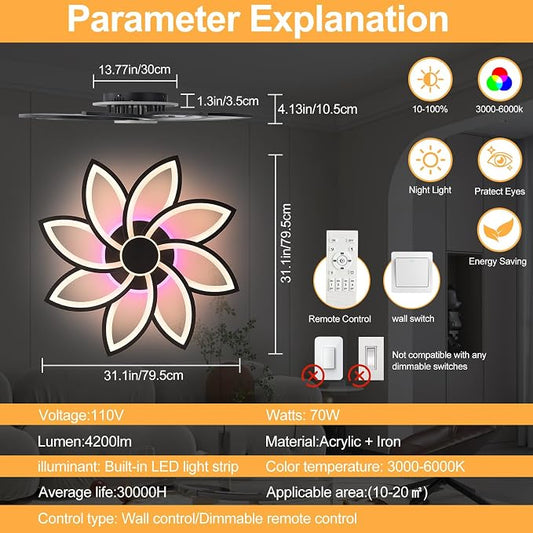 70W Flower LED Ceiling Light, 8-Petal Flush Mount with Remote | RGB Ambient Backlight Ceiling Lamp, Dimmable 3000K-6000K, 4200LM Remote Light with Memory for Living Room Bedroom Game Room