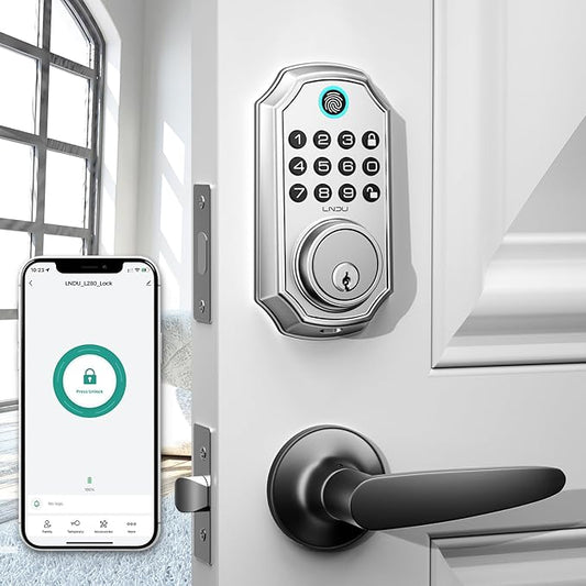 Keyless Entry Door Lock, Smart Deadbolt Lock with Handleset D180 & D280 (Fingerprint & Leveler) (Metallic)