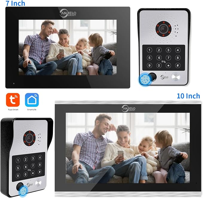 ANJIELO SMART Wired Video Door Phone Apartment Intercom System,7 Inch Touch Monitor with 1080P HD Camera Doorbell,Supporting Fingerprint,RFID Card,Password Unlocking for Home Villa,Tuya