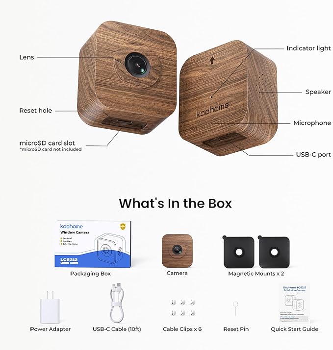 2K Window Camera for Indoor & Outdoor Home Security,Color Night Vision,Anti-Glare,24/7 Recording,Free 3-Day Cloud Storage,Dual-Band WiFi,AI Human Detection,Magnetic Mount,Walnut Wood Design