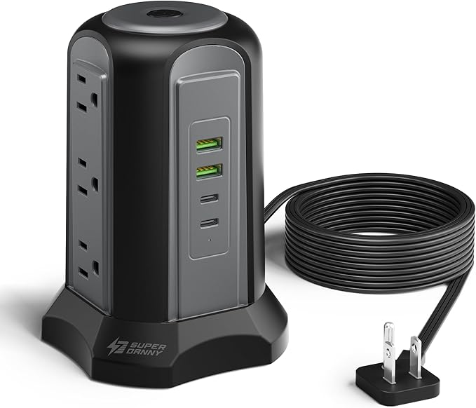 Power Strip Tower Surge Protector, SUPERDANNY Desktop Charging Station, 10 Ft Extension Cord, 9 Outlets, 4 USB Ports, 1080 Joules, 3-Prong, Grounded, Multiple Protections for Home, Office, Black