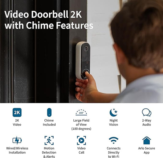 Arlo Video Doorbell 2K + Chime 2 (2nd Gen, Latest Release), Wireless or Wired Option, 2-Way Audio, Night Vision, H (Renewed)