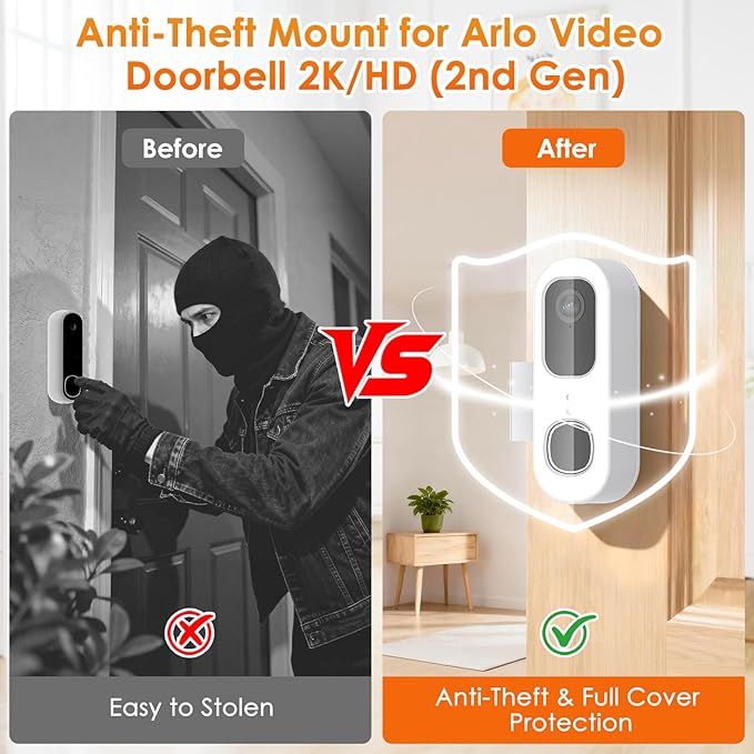 Anti-Theft Doorbell Mount for Arlo Video Doorbell 2K (2nd Gen), Arlo Camera Mount Easy No-Drill Mounting Bracket, Weatherproof Protection for Arlo Doorbell Camera, Ideal for Homes Apartments Rentals