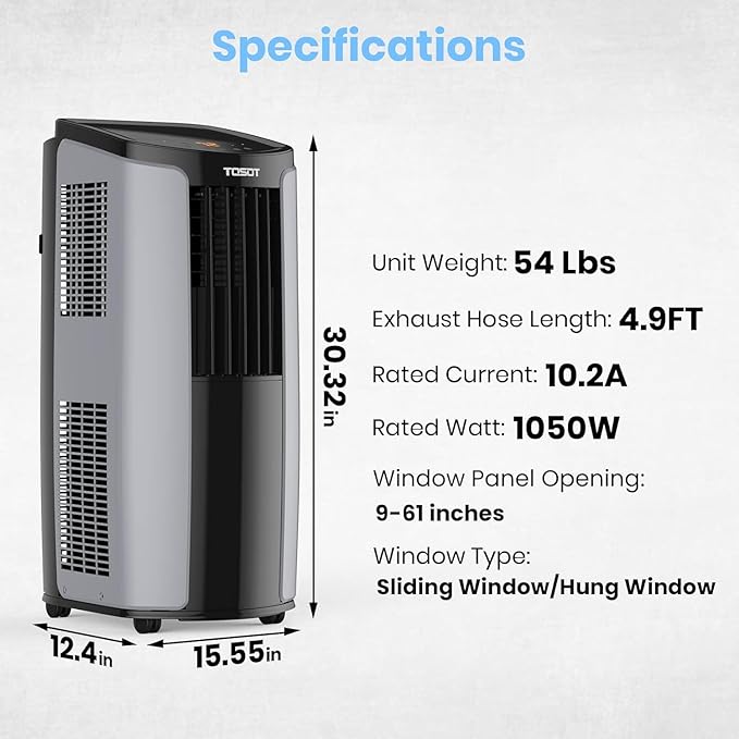 TOSOT 9,700BTU (5,000 BTU SACC) Portable Air Conditioner, Smart Wifi Control, AC Unit with Dehumidifier, Fan, Window Kit for Easy Installation, Cool Rooms Up to 300 Square Feet, Shiny Series