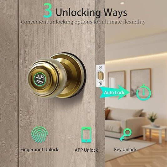 UMIKSMART Fingerprint Door Knob Lock, Smart Keyless Entry Door Knob with Tuya App Control & Auto-Lock, Backup Key, Easy Install for Home, Apartment, Office, Bronze