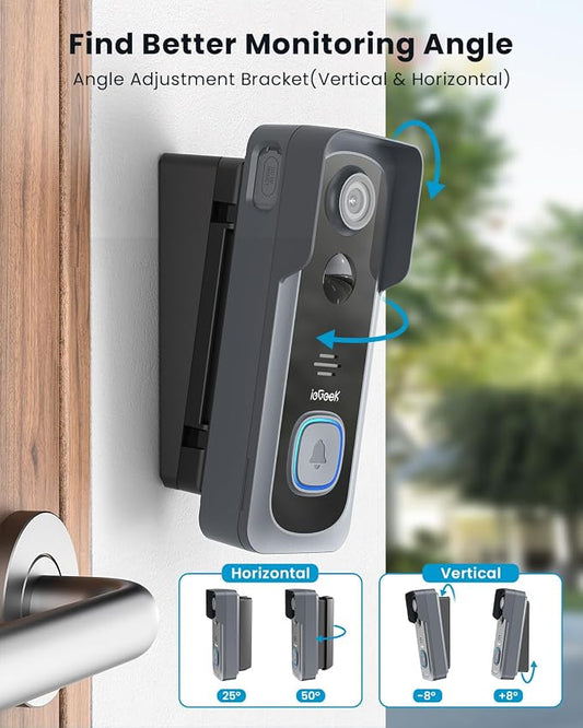 ieGeek Wireless Doorbell Camera No Subscription with Adjustable Angle Mount, 2K Smart Video Doorbell with Indoor Chime, Motion Detection, Real-time Alert, 2-Way Talk Voice Changer, Only 2.4GHz WiFi