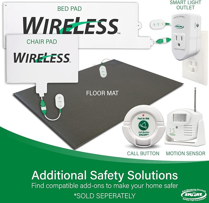Smart Caregiver Wireless Bed Alarm System - Cordless Weight Sensing Bed Alarm Pad (10” x 30”) with Remote Alert Monitor, Free Individual Cleaning Wipes and Liberty 7 Day Pill Box