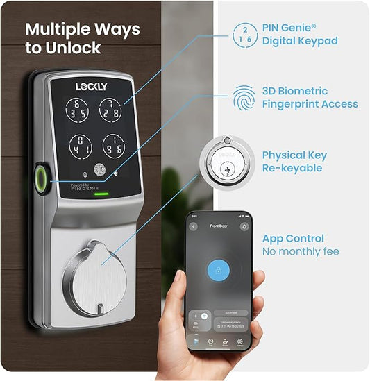 Lockly Secure Pro Wi-Fi Smart Door Lock, Keyless Entry with PIN Genie® Digital Keypad, 3D Biometric Fingerprint Sensor Front Door Lock Deadbolt, Voice Control & Auto Lock - Left Fingerprint Edition