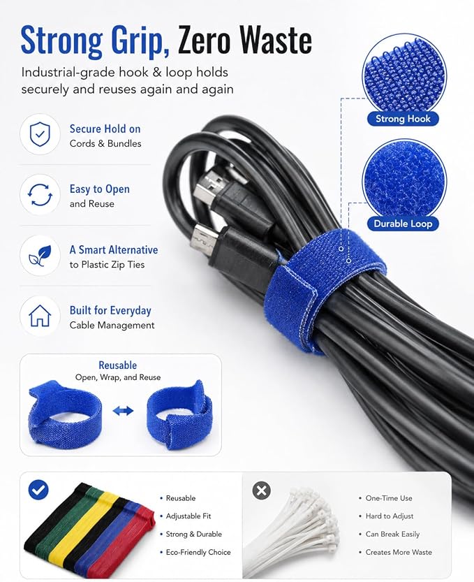 120 PCS 6 Inches Reusable Cable Ties, 5 Colors Adjustable Cord Organizer, Hook and Loop Wire Ties for Cable Management, Multi-Purpose Cord Wraps for Home, Office, and Desk