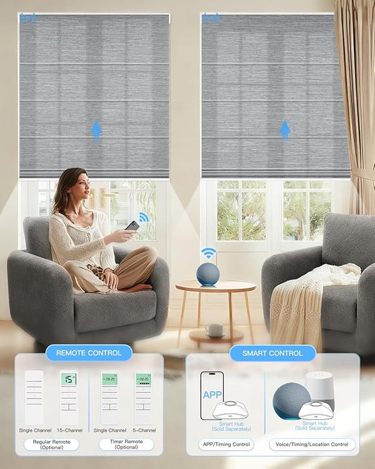 Motorized Roman Shades for Windows, Custom Light Filtering Roman Blinds with Remote, Smart Privacy Window Shades for Living Room Kitchen Office, Alexa & Google Home Compatible, App Control via RF Hub