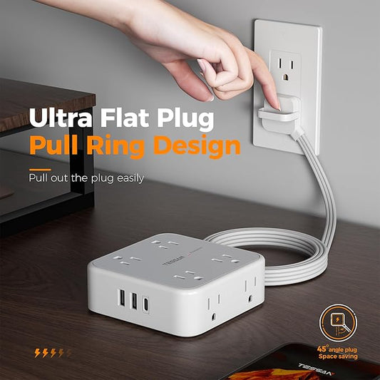 TESSAN Surge Protector Power Strip, 5 Ft Flat Plug Extension Cord with 3 USB (1 USB C) 8 Outlets, 1250W, 900J Protection, 3 Sided Outlet Extender with Ring Plug for Office, Dorm Room, Grey