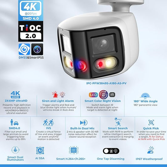 Dual-Lens 4K (8MP) TiOC Outdoor POE Camera - 2 x 4MP Duo 180° Panoramic Wide Angle AI Bullet IP Camera, Dual Color Night, Smart PSS Lite, DMSS, Active Detterence, 2-Way Audio, Human/Vehicle Detection
