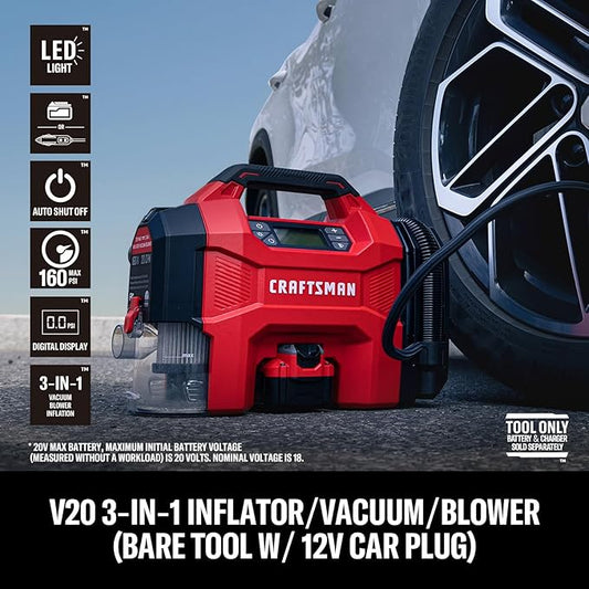 CRAFTSMAN 3-in-1 Tire Inflator, 160PSI Portable Air Compressor/Car Vacuum/Dust Blower, 20V Cordless & 12V Car Power, Air Pump with LED Light for Cars Trucks RV Tires (Battery Sold Separately)