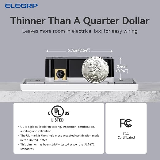 ELEGRP Dimmer Light Switch for 300W Dimmable LED/CFL Lights and 600W INC/HAL Bulbs, Single Pole/3-Way LED Slide Dimmer Light Switch, Wall Plate Included, UL Listed, 2 Pack, Matte White