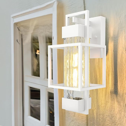 PARTPHONER Modern Outdoor Light Fixture Dusk to Dawn Outdoor Lighting, 15" H Exterior Wall Sconce Waterproof Porch Light, Outside Light for House with Water Glass for Garage Doorway, White