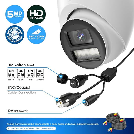 Amcrest Analog 5MP NightColor Outdoor Security Camera, Turret 5MP @ 25fps, CCTV-Coax-BNC, 131ft Full Color Night Vision, Mic, 132° FOV (Not an IP Camera) (DVR Required, Not Included) (AT5N28-W-V3)