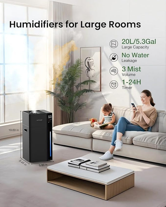 Mifasol Humidifier Large Room, 5.3Gal/20L Cool Mist Humidifiers for Home 1500 sq ft, Double Nozzles Whole House Humidifier, Humidifiers for Bedroom Plants Office Commercial Large Areas, Black