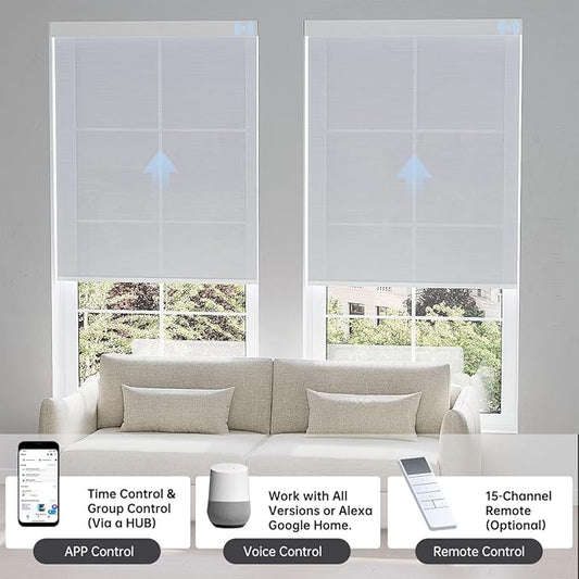 Motorized Blinds with Remote, Light Filtering Smart Blinds for Windows Automatic Roller Shades Compatible with Alexa, Motorized Shades Customized for Living Room Home Office (Jacquard White)
