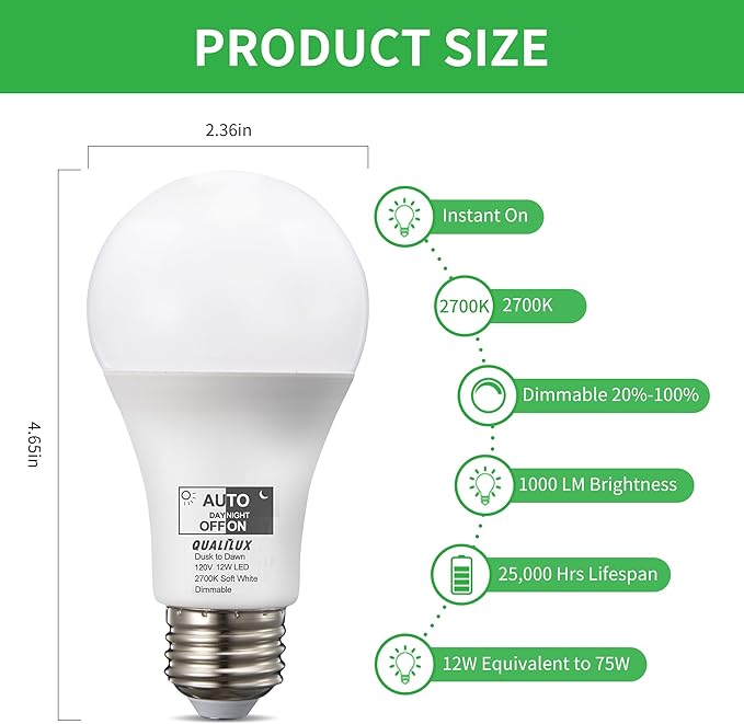 Qualilux Dusk to Dawn Light Bulbs, Auto On/Off Light Sensing LED Bulbs Outdoor, Soft White, Dimmable, 12W 1000LM 75W Equivalent, HQ-H030