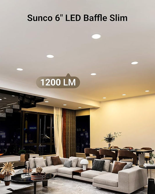 Sunco 24 Pack 6 Inch LED Recessed Light, Ceiling Canless Recessed Lights, Baffle Trim, 1200 LM, 14W, Selectable CCT 2700K/3000K/4000K/5000K/6000K, Dimmable with Junction Box