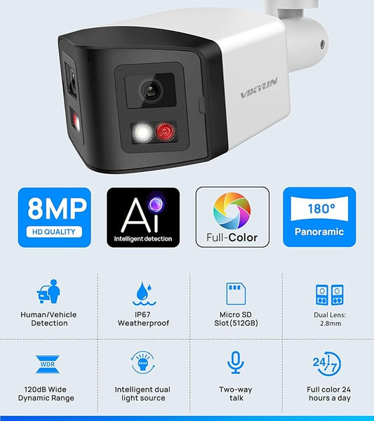 VIKYLIN 180° Dual-Lens 4K 8MP PoE IP Security Panoramic Bullet Camera,Two Way Audio, AI Human Vehicle Detection Trigger Color Night Vision, SD Card (512GB),NDAA Complaint